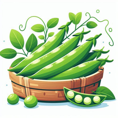 Fresh green peas in a wooden basket on a white background. Vector illustration.のイラスト素材