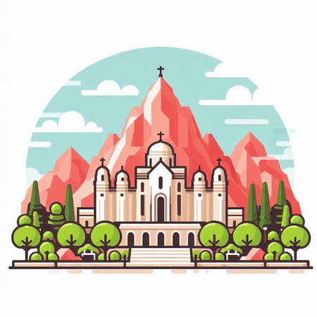 Church on the top of the mountain. Flat style vector illustration.のイラスト素材