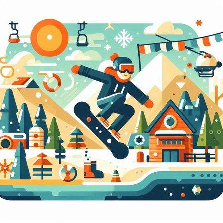 Snowboarder in mountains. Winter sport. Vector illustration in flat styleのイラスト素材
