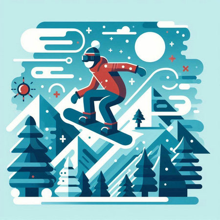 Snowboarder riding a snowboard in the forest. Vector illustration in flat styleのイラスト素材