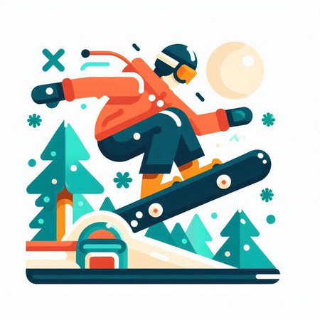 Snowboarder riding a snowboard. Vector illustration in flat style.のイラスト素材