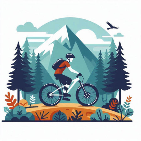Cyclist in the mountains. Vector illustration in flat style.のイラスト素材