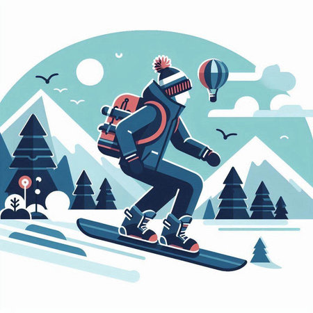 Snowboarder with a backpack in the mountains. Vector illustration.のイラスト素材