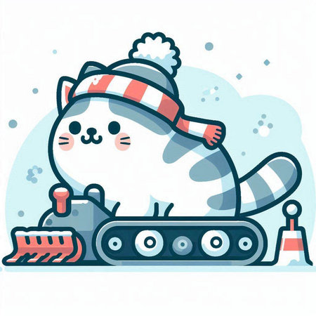 Vector illustration of cute cat in winter hat on conveyor belt.のイラスト素材
