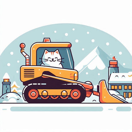 Vector illustration of a cat on a snow plow in the city.のイラスト素材