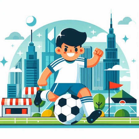 Cartoon soccer player on the background of the city. Vector illustrationのイラスト素材