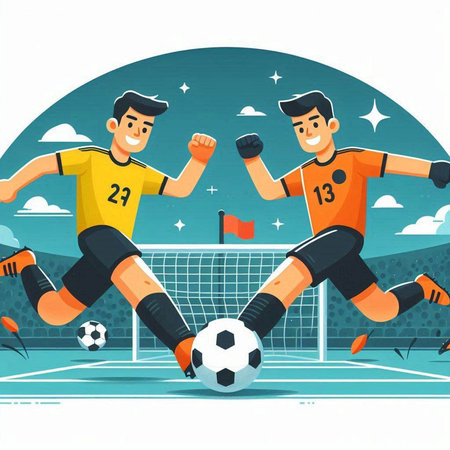 Soccer players in action at the stadium. Cartoon vector illustration.のイラスト素材