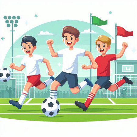 Cartoon soccer players on the field. Vector illustration in cartoon styleのイラスト素材