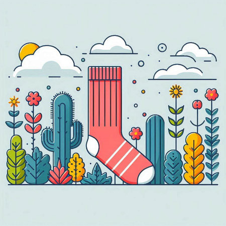Hand drawn vector illustration of a sock in the meadow with cactuses and flowersのイラスト素材