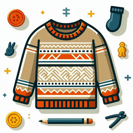 Knitted sweater and accessories. Vector illustration in flat cartoon style.のイラスト素材