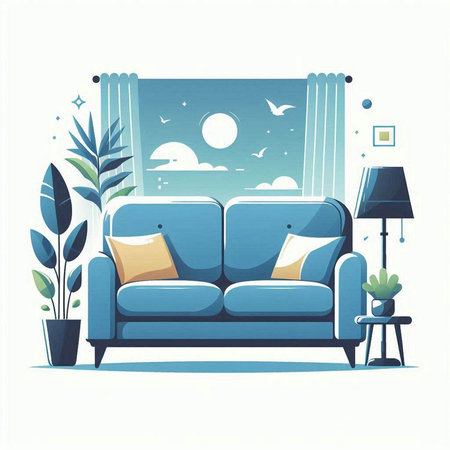 Vector illustration of a cozy living room with a blue sofa, a coffee table, a lamp and a plant.のイラスト素材