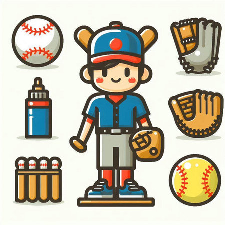 Baseball icon set with ball, bat, glove, glove and other equipmentのイラスト素材