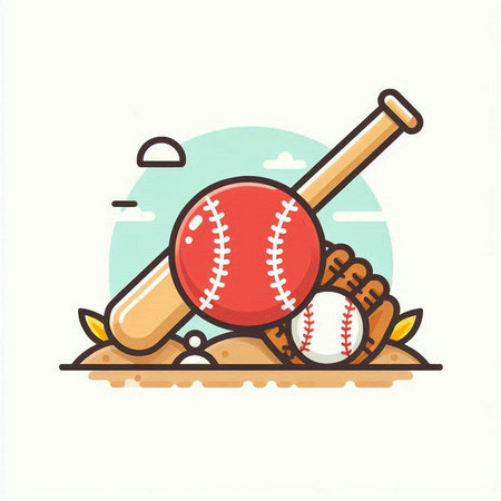 Baseball ball, bat and glove on the field. Vector illustrationのイラスト素材