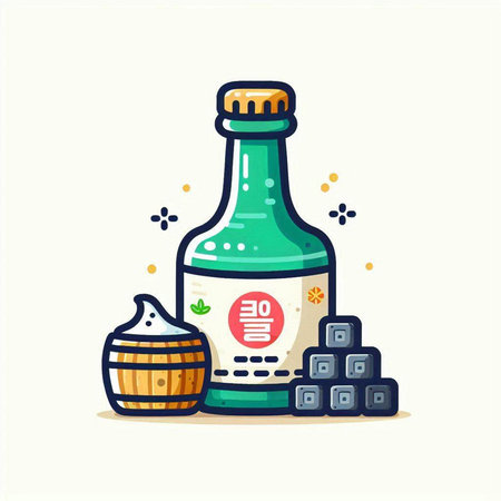 Japanese sake bottle and sake barrels. Vector illustration in cartoon style.のイラスト素材