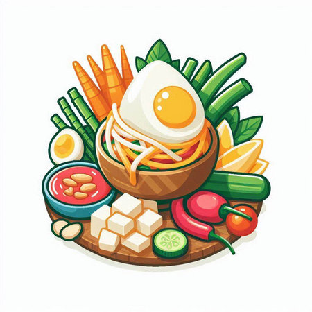 Vector illustration of a bowl of noodle with egg and vegetables.のイラスト素材