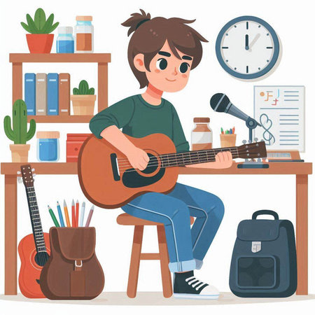 Young man playing guitar at home. Vector illustration in cartoon style.のイラスト素材