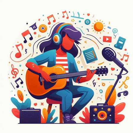 Cartoon girl with guitar and headphones. Music concept. Vector illustrationのイラスト素材