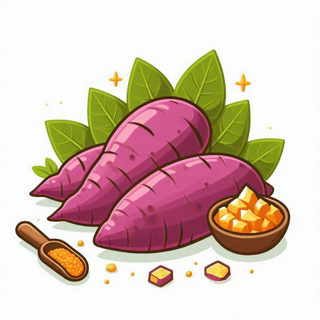 Illustration of sweet potato with leaves and salt on a white backgroundのイラスト素材