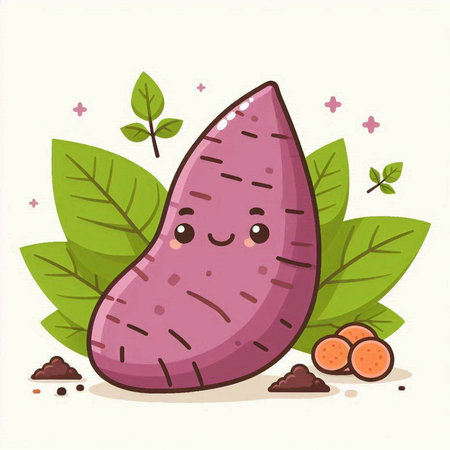 Sweet potato cartoon character. Vector illustration of sweet potato with leaves.のイラスト素材