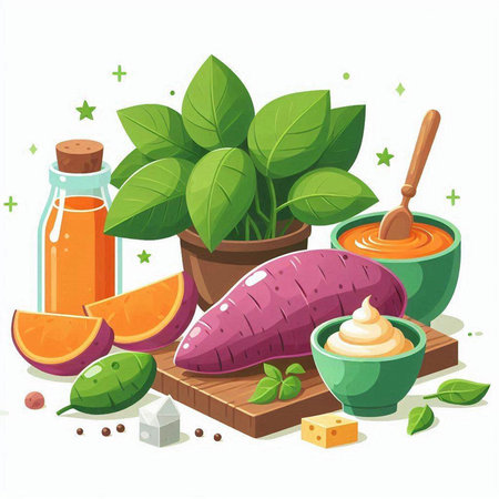 Sweet potato, honey, cheese, basil and spices. Vector illustration.のイラスト素材