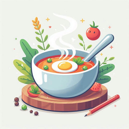Vegetable soup with egg in bowl. Vector illustration in flat style.のイラスト素材