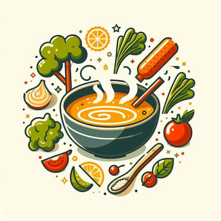 Vegetable soup in bowl. Vector illustration in doodle style.のイラスト素材