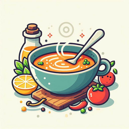 Tomato soup in a bowl with a spoon. Vector illustration.のイラスト素材