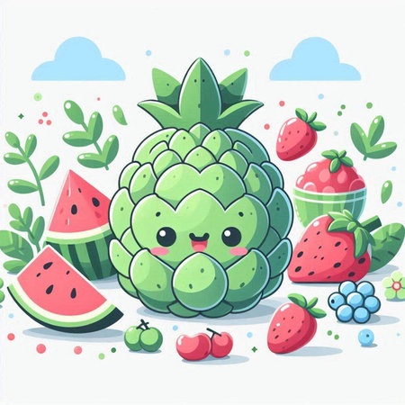 Cute cartoon artichoke character with fruits and berries. Vector illustration.のイラスト素材
