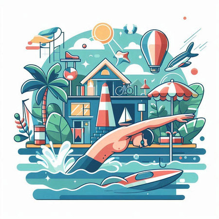 Swimming pool on the beach. Vector illustration in flat style.のイラスト素材