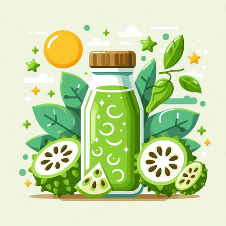 Vector illustration of a bottle of kiwi smoothie on a green background.のイラスト素材