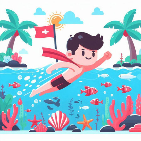 Cartoon vector illustration of a boy diving in the sea. Summer vacation concept.のイラスト素材