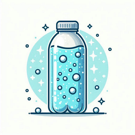 Bottle of water with bubbles and stars. Vector illustration in flat style.のイラスト素材