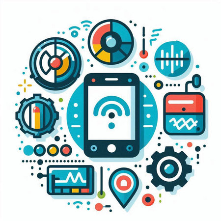 Smartphone with different icons in the circle. Modern vector illustration in flat style.のイラスト素材