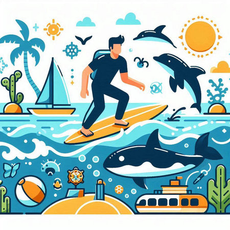 Surfing in the ocean with dolphins. Vector illustration in flat styleのイラスト素材