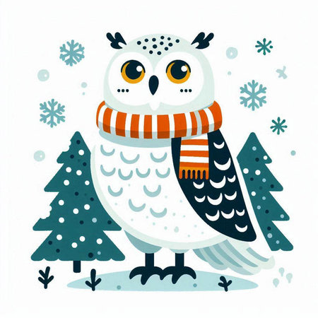 Winter greeting card with cute owl in scarf and christmas tree. Vector illustration.のイラスト素材