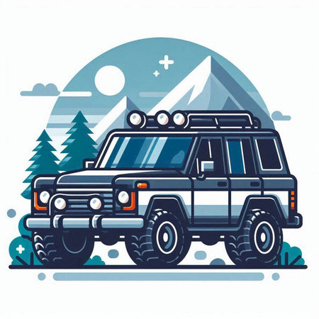Off-road vehicle in the mountains. Vector illustration of a flat design.のイラスト素材