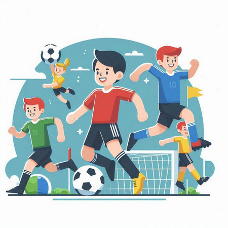 Cartoon soccer players. Vector illustration in flat style on white background.のイラスト素材