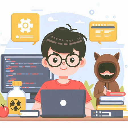 A boy in glasses works at a laptop in the office. Vector illustrationのイラスト素材