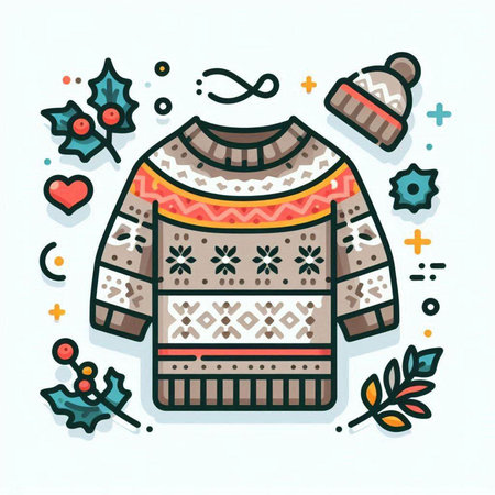 Winter knitted sweater with ornaments. Vector illustration in flat style.のイラスト素材