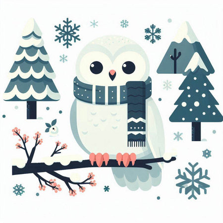 Winter greeting card with cute owl. Vector illustration in flat style.のイラスト素材