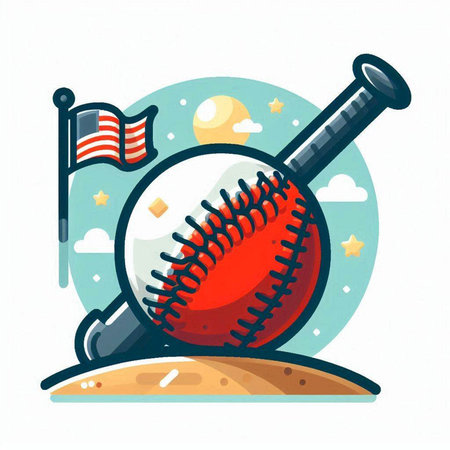 Baseball ball with flag and bat. Vector illustration in flat style.のイラスト素材