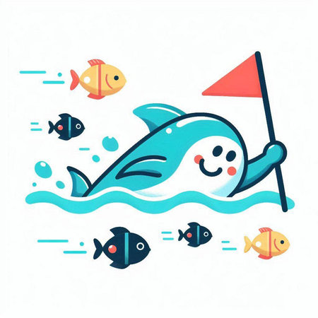 Illustration of a cute cartoon whale swimming in the sea with a flagのイラスト素材