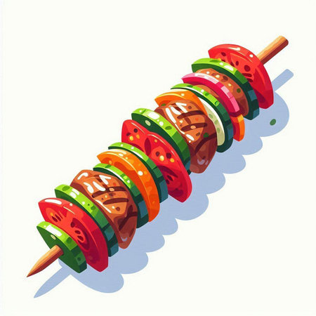 Shish kebab on skewers with tomato slices, vector illustration.のイラスト素材
