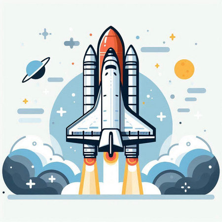 Space rocket launch. Vector illustration in flat style. Space exploration concept.のイラスト素材