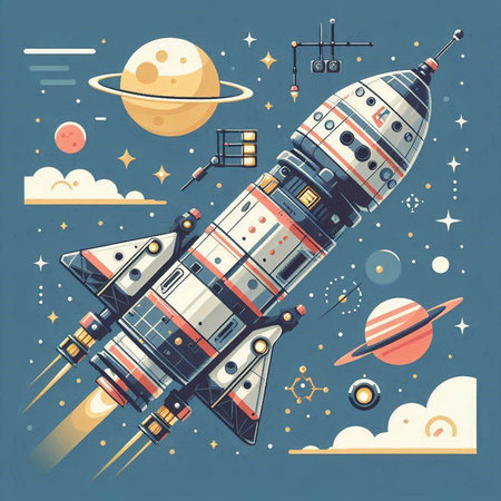 Space rocket flying in outer space with planets and stars. Vector illustration.のイラスト素材