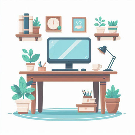 Office workplace with computer, books and plants. Flat style vector illustration.のイラスト素材