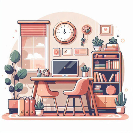 Vector illustration of a cozy home office. Workplace with a computer, bookshelves, plants and other things.のイラスト素材