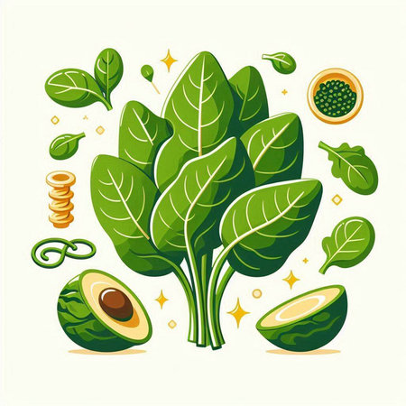 Vector illustration of fresh green spinach and avocado. Healthy food concept.のイラスト素材