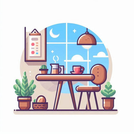 Coffee shop interior flat color vector illustration. Furniture, window, chair, table, window, potted plants. Furniture for cafe or restaurant isolated cartoon character on white backgroundのイラスト素材