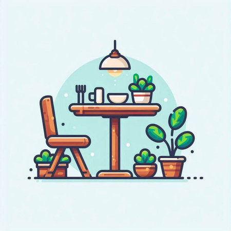 Dining room with table and chairs. Vector illustration in flat styleのイラスト素材